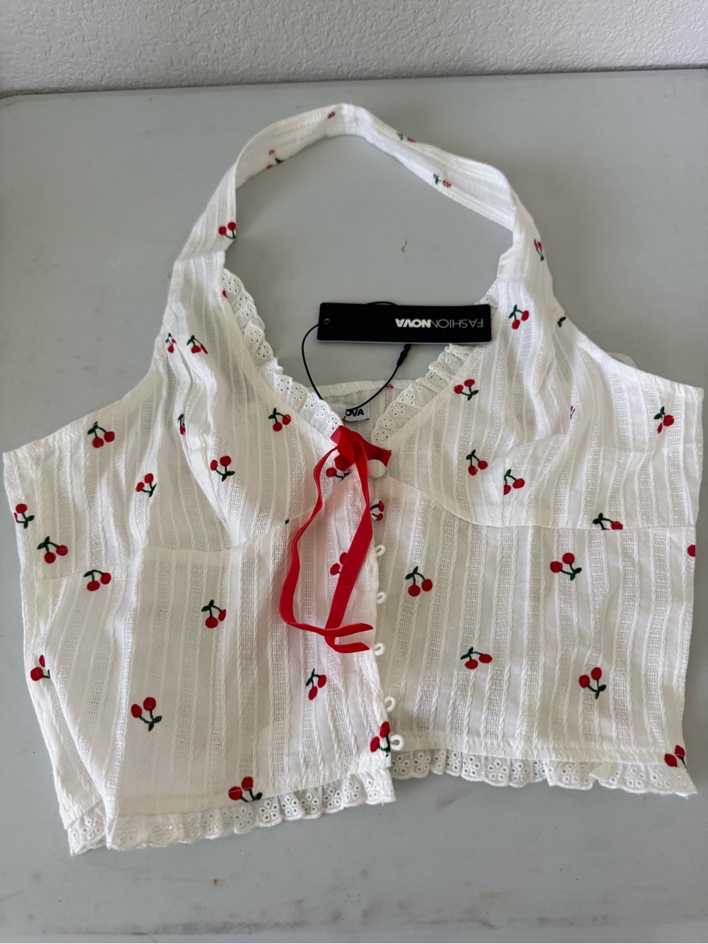 Fashion Nova White Halter Top with Red Cherry Embroidery and Ribbon
